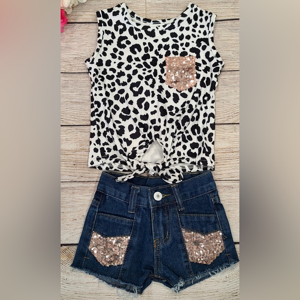 Girls 2 Piece Outfit With Leopard Print Muscle Style Tank Top & Denim Shorts